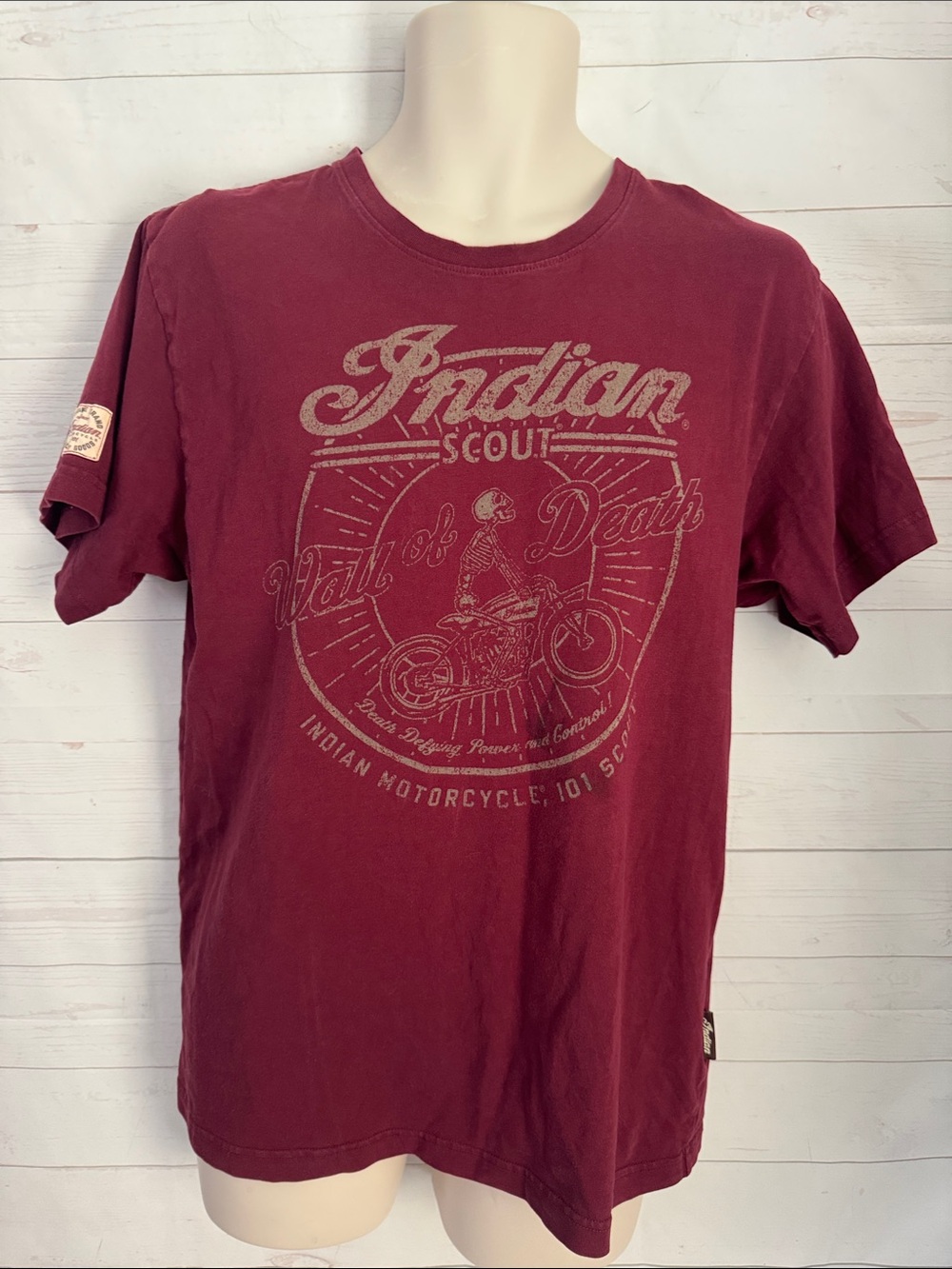Indian Scout Motorcycle M Wall of Death Maroon Graphic T-Shirt Thrashed-Stain